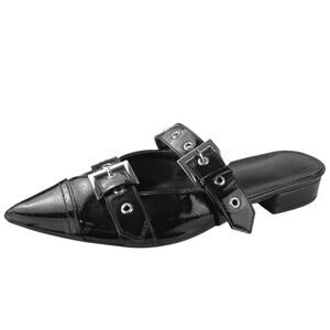 Shoe Dazzle Yasmeen Black Faux Patent Leather Buckle Strap Flats Mules Size 7.5